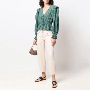 Ulla Johnson Ophelia Cotton Voile Peplum Blouse Teal/ Green Stripe sz 6